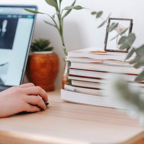 Na slici je vidljiv de kancelariskog stola bez-braon boje .Na stolu je vidljiv deo monitora ,jedna saksuja sa kaktusom,vaza u kojoj je jedan cvet,pored vaze stoji osam knjiga a na njima prazan ram za slike i deo ruke koja drzi misa.
